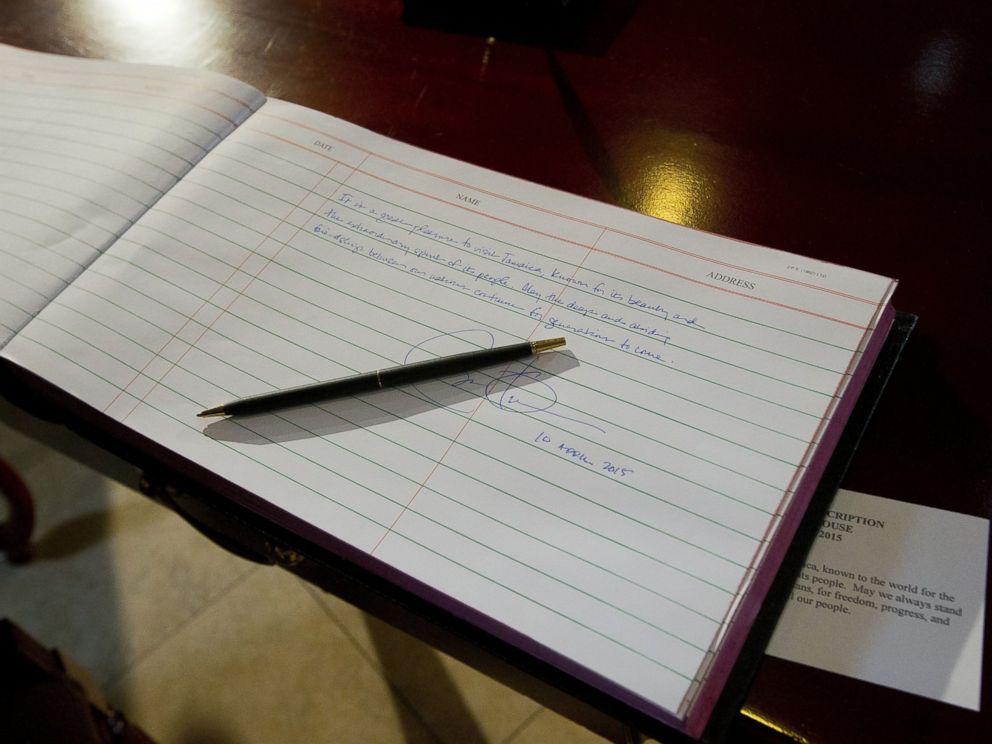 PHOTO: President Barack Obamas written message and signature are seen in the guest book during his visit to the Jamaica House, April 9, 2015, in Kingston, Jamaica.