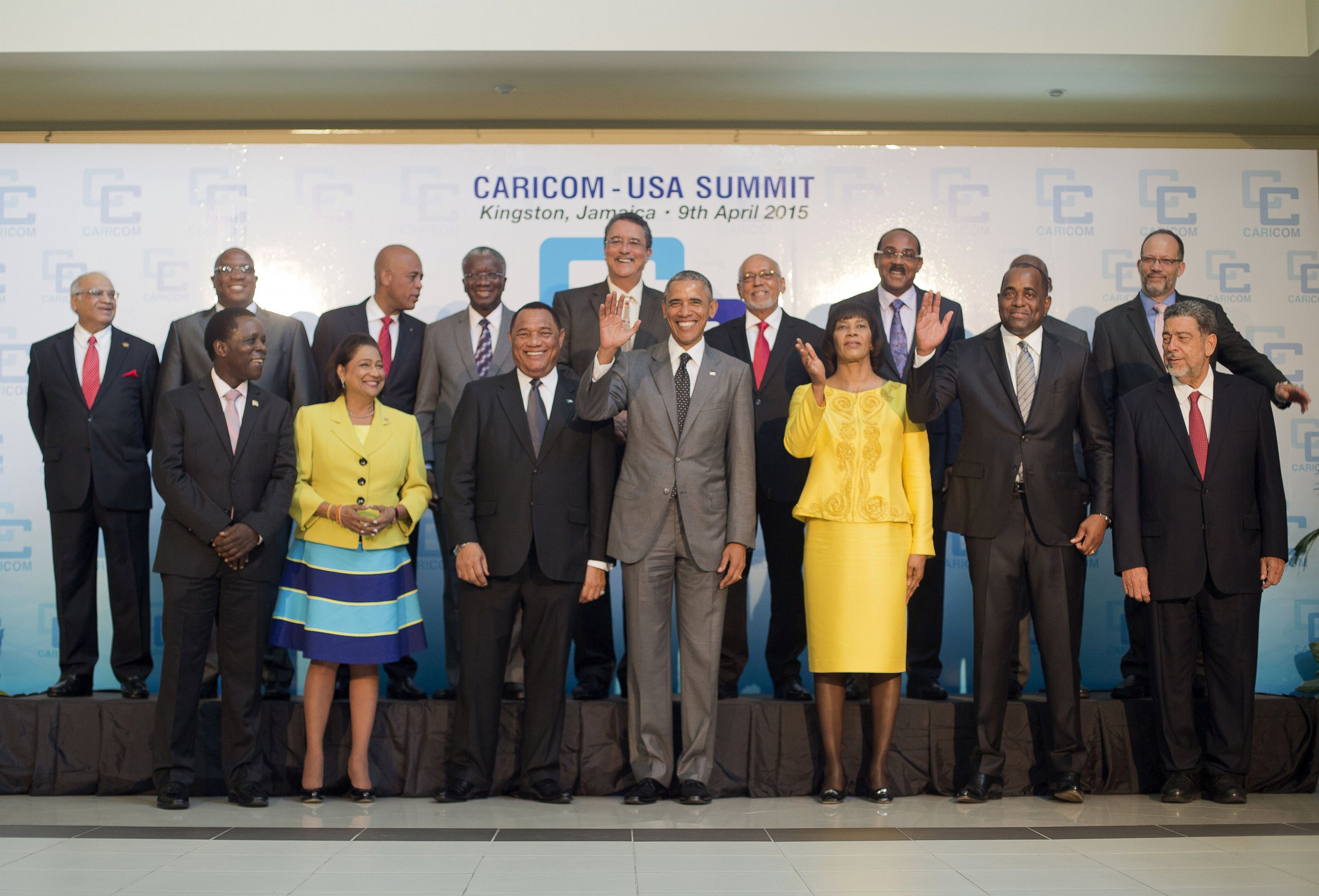 PHOTO: President Barack Obama, center, and Jamaican Prime Minister Portia Simpson-Miller, third from right, are joined by Caribbean Community (CARICOM) leaders for a group photo during the start of their summit, April 9, 2015, in Kingston, Jamaica.