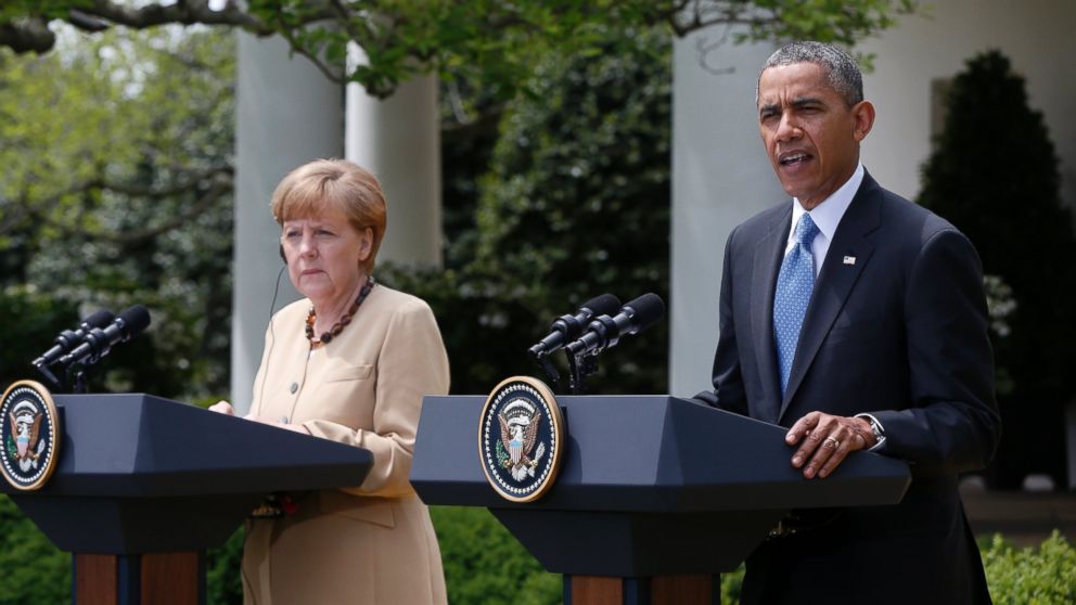 President Obama and German Chancellor Angela Merkel participate in a joint news conference in the Rose Garden of the White House in Washington, May 2, 2014. 