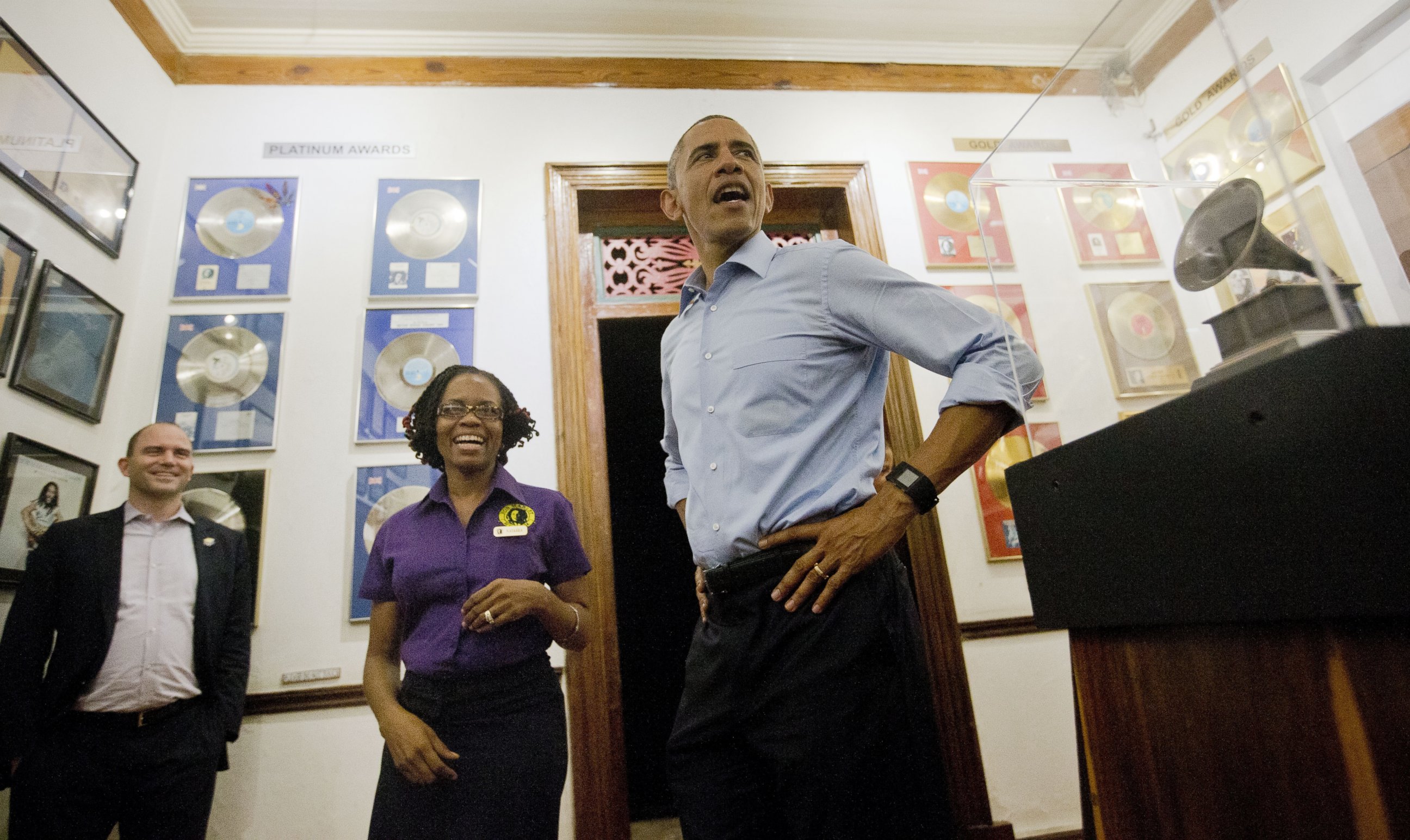 PHOTO: President Barack Obama visits the Bob Marley Museum with tour guide Natasha Clark, April 8, 2015 in Kingston, Jamaica. 