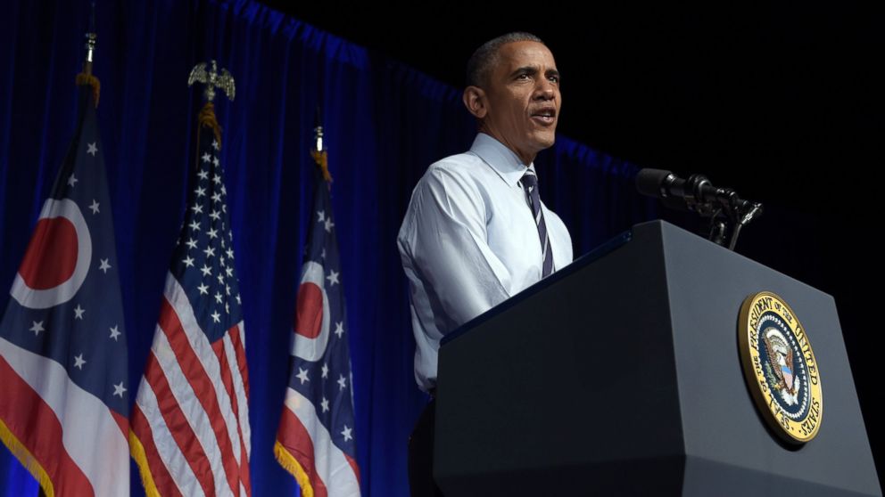 President Barack Obama speaks at a campaign event for the Ohio Democratic Party and for the Senate bid for former Ohio Gov. Ted Strickland at the Greater Columbus Convention Center in Columbus, Ohio, Oct. 13, 2016.