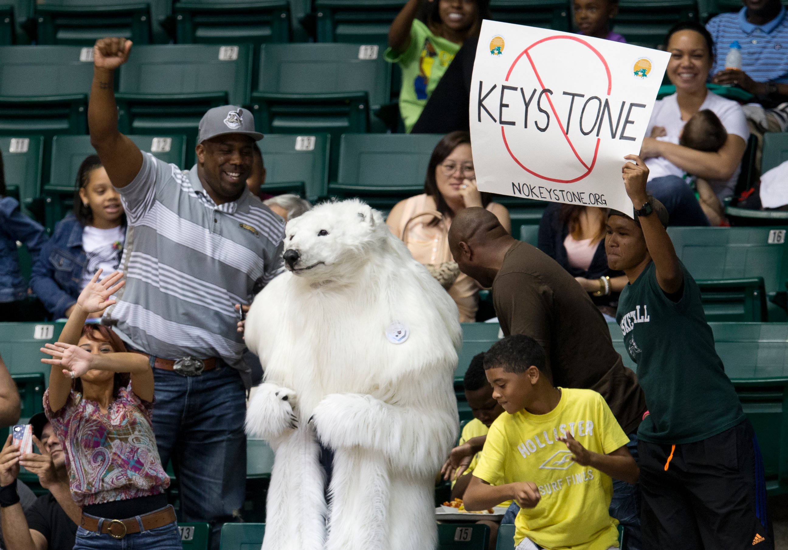 PHOTO: A person dressed as a polar bear and others demonstrate against the Keystone Pipeline as President Barack Obama attends the Oregon State University versus University of Akron college basketball game in Honolulu, Dec. 22, 2013.