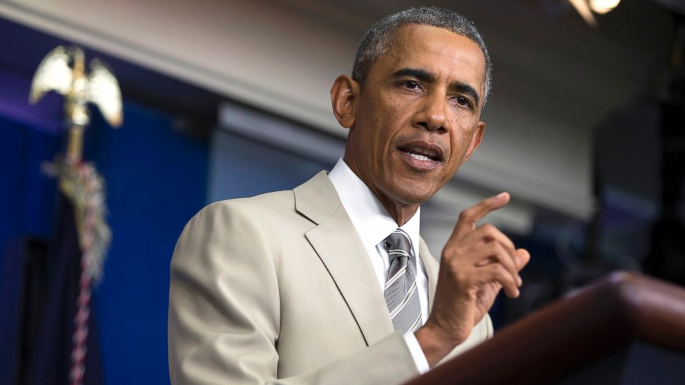 President Barack Obama gestures in the James Brady Press Briefing Room of the White House in Washington, Aug. 28, 2014.