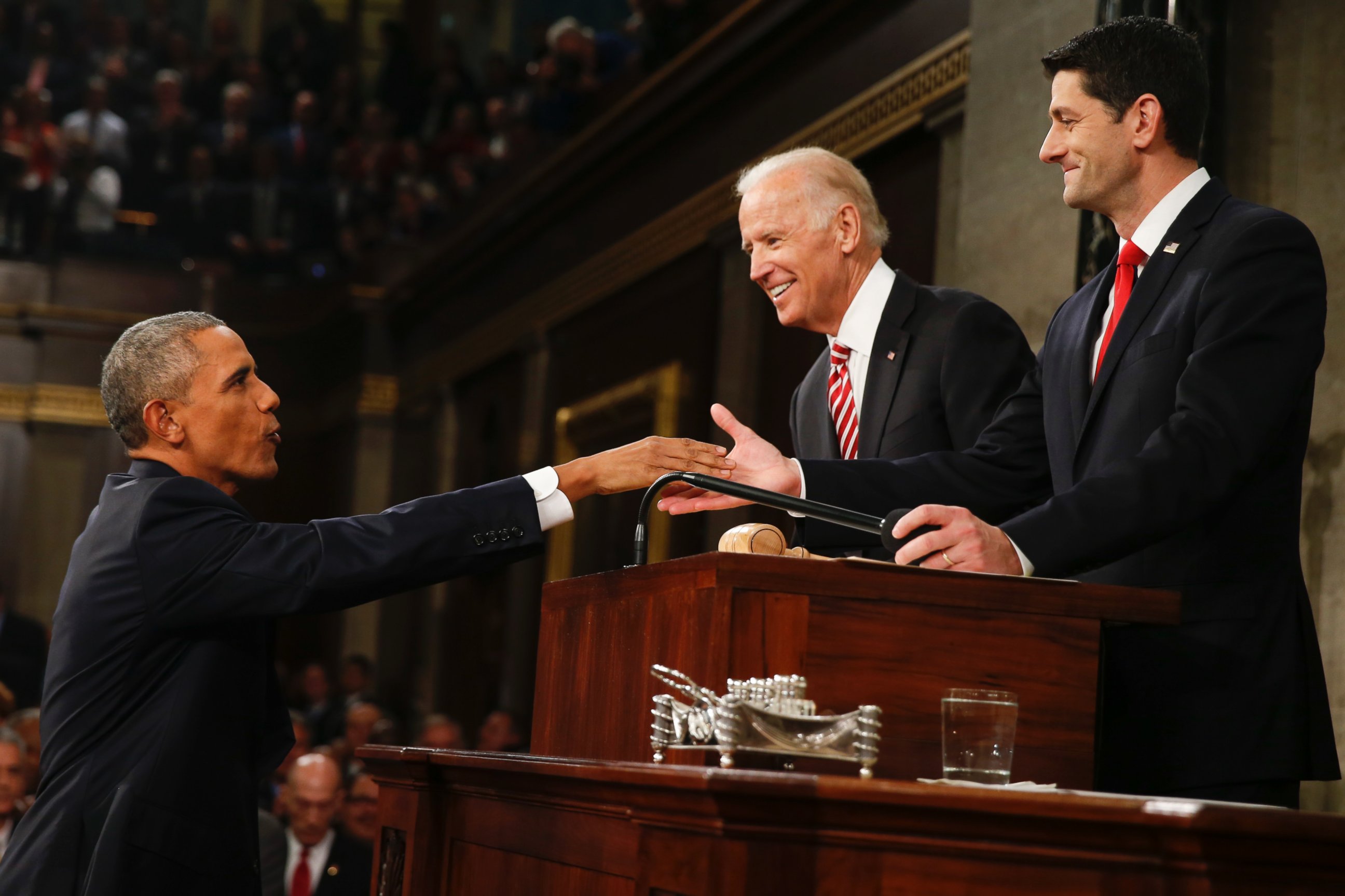 PHOTO: President Barack Obama shakes hands with House Speaker Paul Ryan as Vice President Joe Biden watches before the State of the Union address to a joint session of Congress on Capitol Hill in Washington, Jan. 12, 2016. 