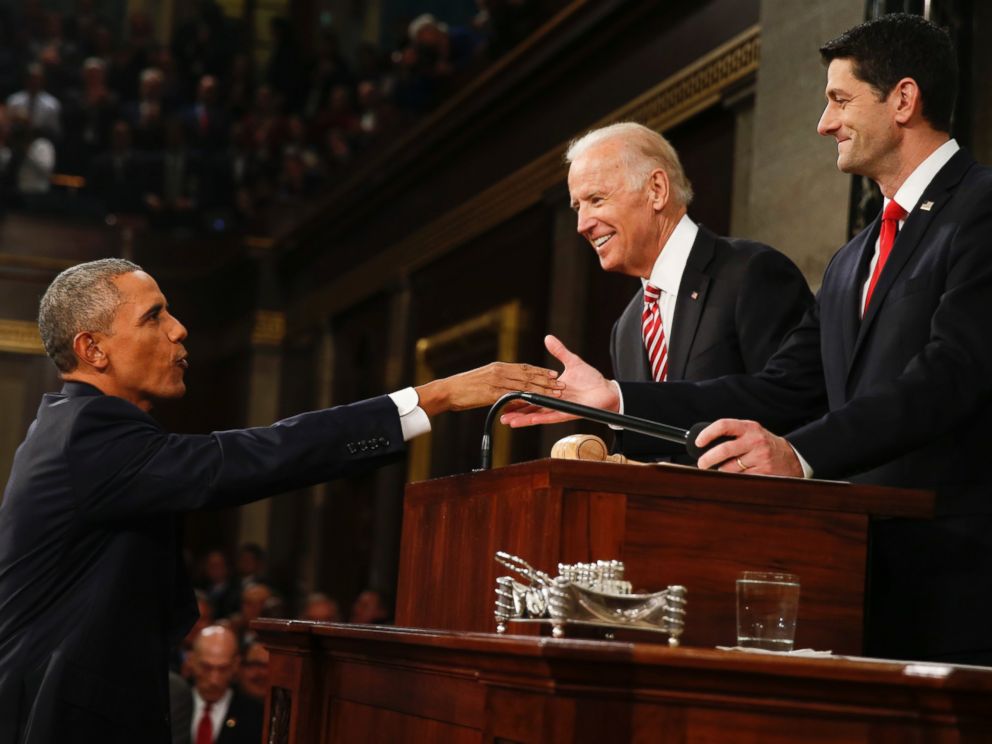 PHOTO: President Barack Obama shakes hands with House Speaker Paul Ryan as Vice President Joe Biden watches before the State of the Union address to a joint session of Congress on Capitol Hill in Washington, Jan. 12, 2016.
