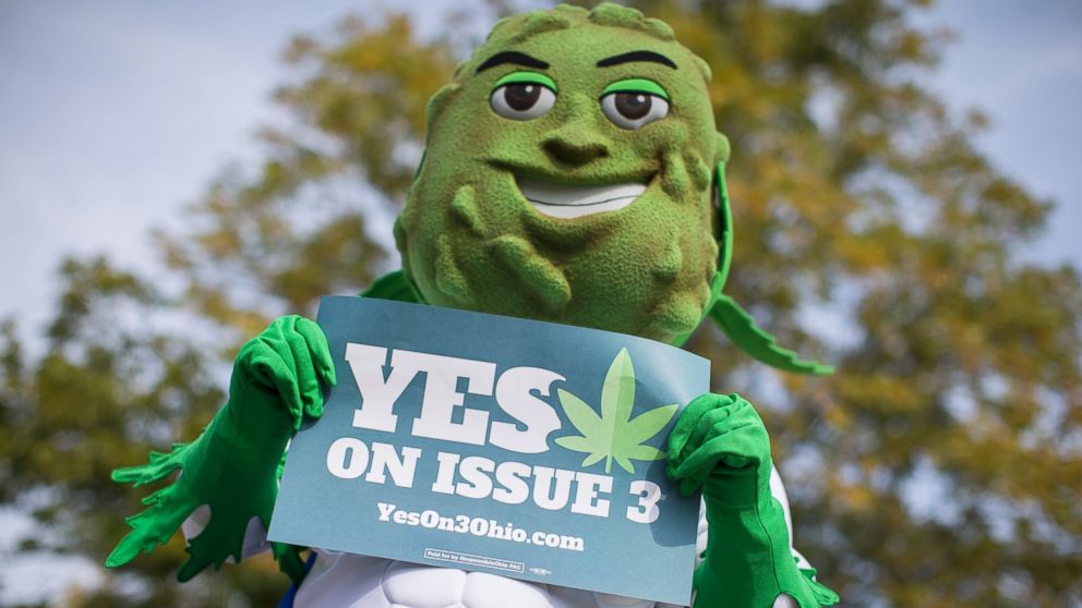 Buddie, the mascot for the pro-marijuana legalization group ResponsibleOhio, holds a sign during a promotional tour stop at Miami University, Oct. 23, 2015, in Oxford, Ohio. 