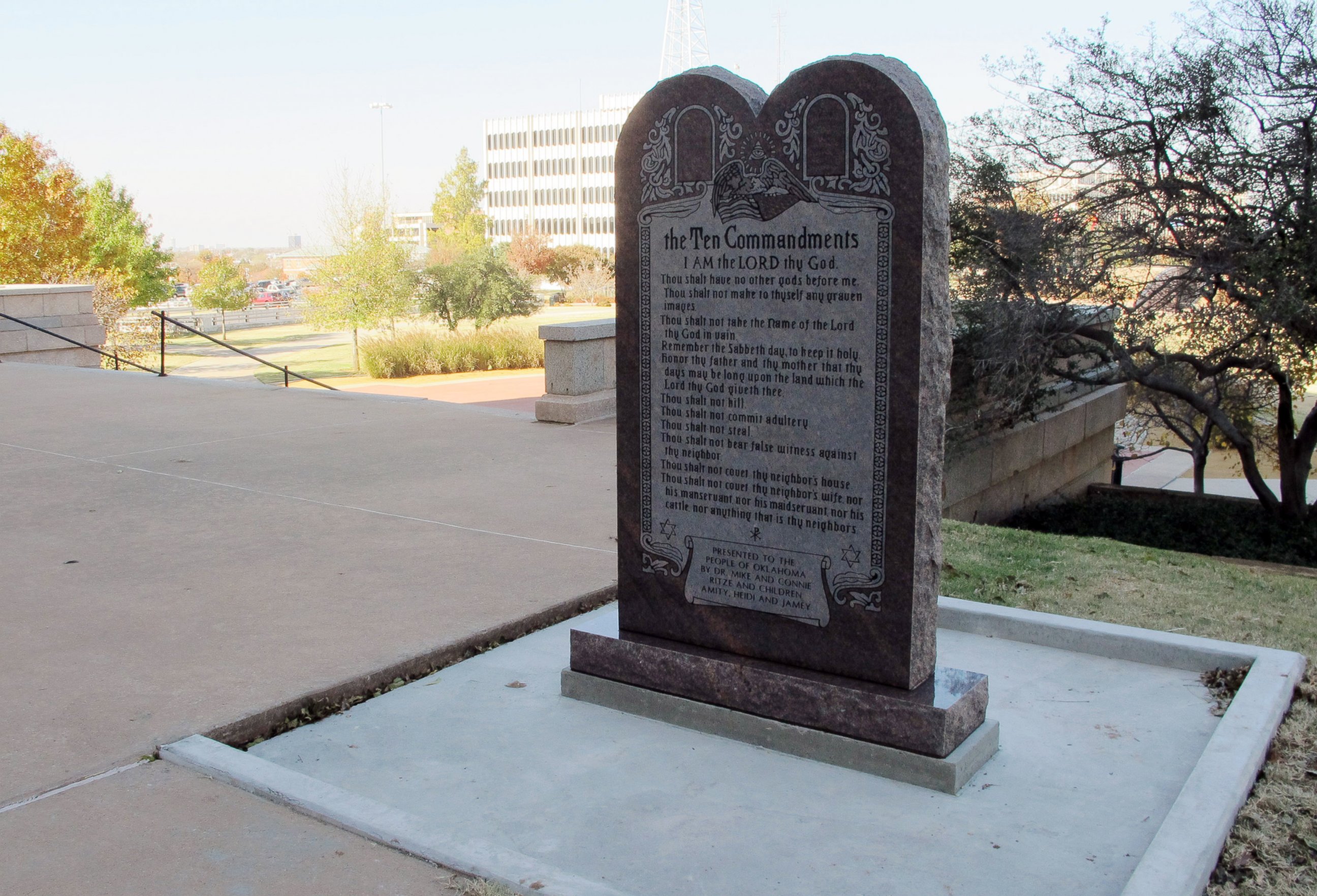 PHOTO: A Ten Commandments monument erected outside the Oklahoma state Capitol is shown, Nov. 16, 2012. 