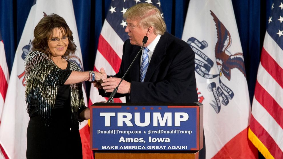 Former Alaska Gov. Sarah Palin, left, endorses Republican presidential candidate Donald Trump during a rally at the Iowa State University, Jan. 19, 2016, in Ames, Iowa. 