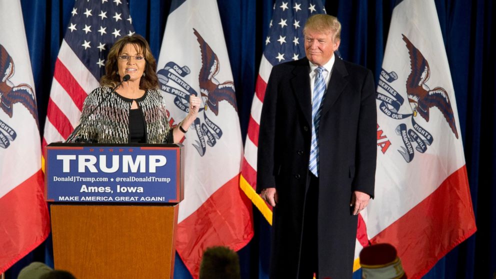 Former Alaska Gov. Sarah Palin, left, endorses Republican presidential candidate Donald Trump during a rally at the Iowa State University, Jan. 19, 2016, in Ames, Iowa. 