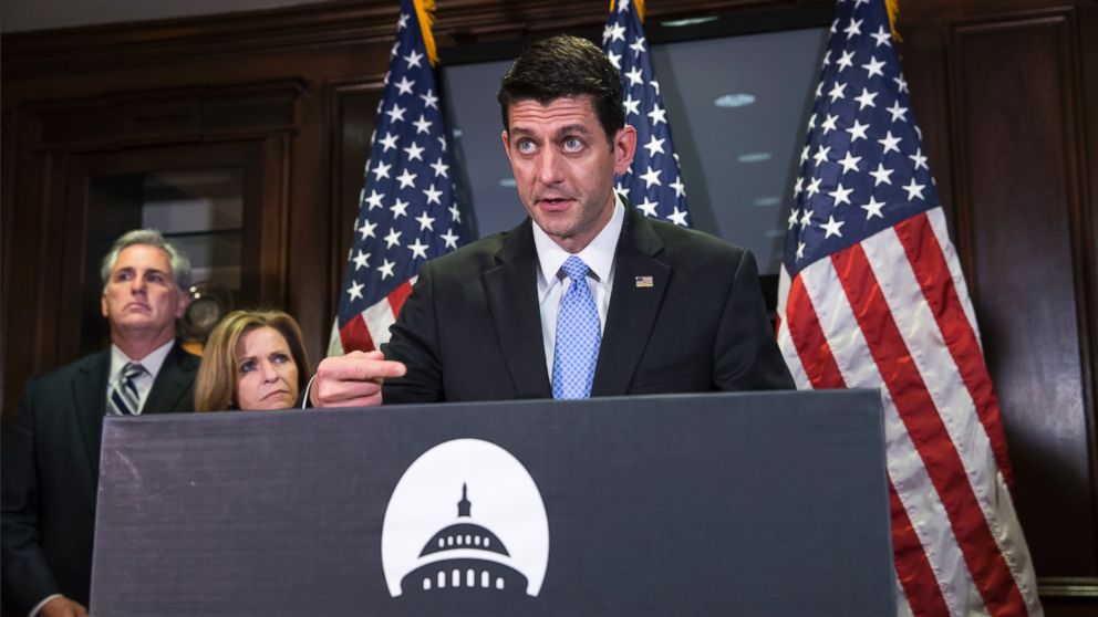 PHOTO: House Speaker Paul Ryan joined at left by House Majority Leader Kevin McCarthy of Calif., and Rep. Lynn Jenkins, R-Kan., meets with reporters at Republican National Committee headquarters on Capitol Hill in Washington, May 24, 2016. 