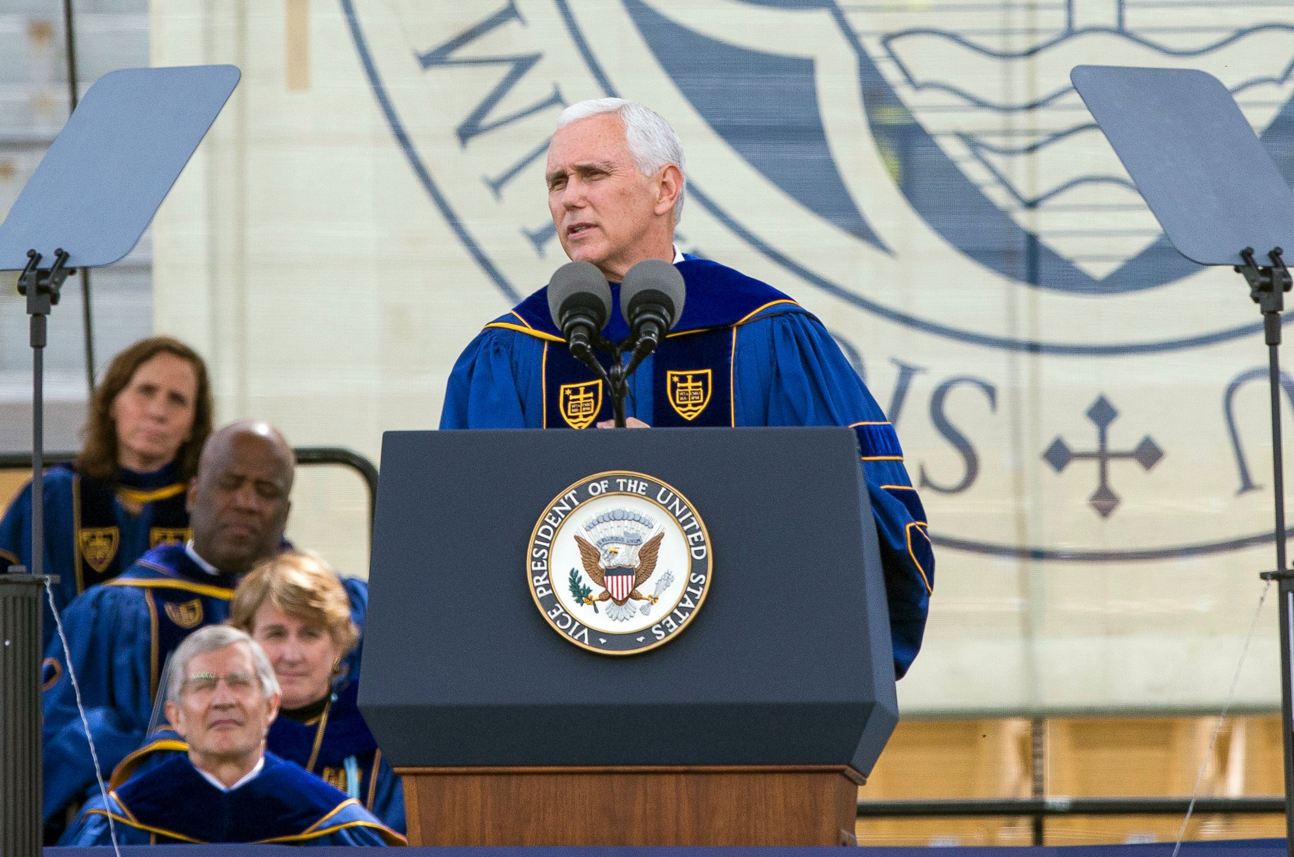 PHOTO: Vice President Mike Pence speaks during the 2017 commencement ceremony, May 21, 2017, in South Bend, Ind. 