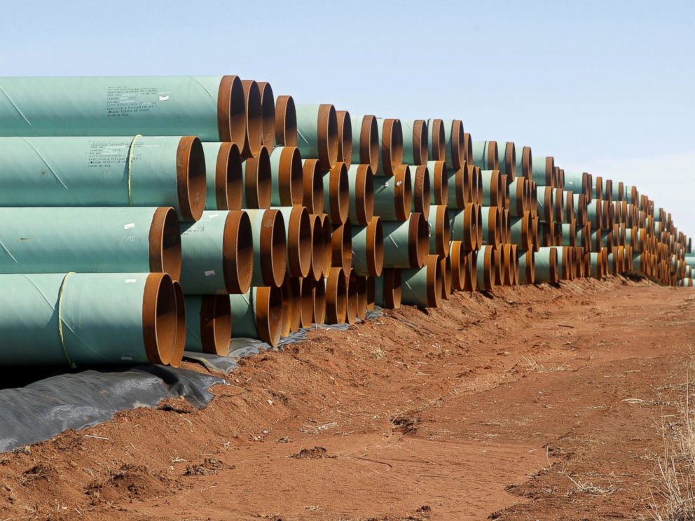 PHOTO: Miles of pipe for the stalled Canada-to-Texas Keystone XL pipeline are stacked in a field near Ripley, Okla.