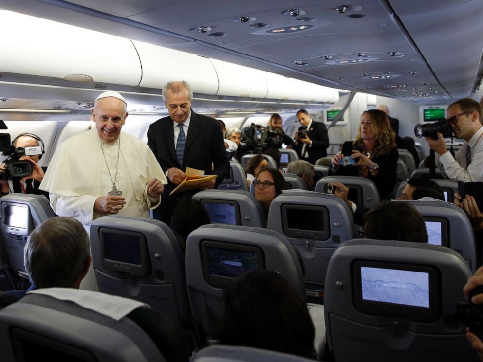 PHOTO: Pope Francis meets the journalists aboard the papal airplane on the occasion of his visit to Quito, Ecuador, July 5, 2015.