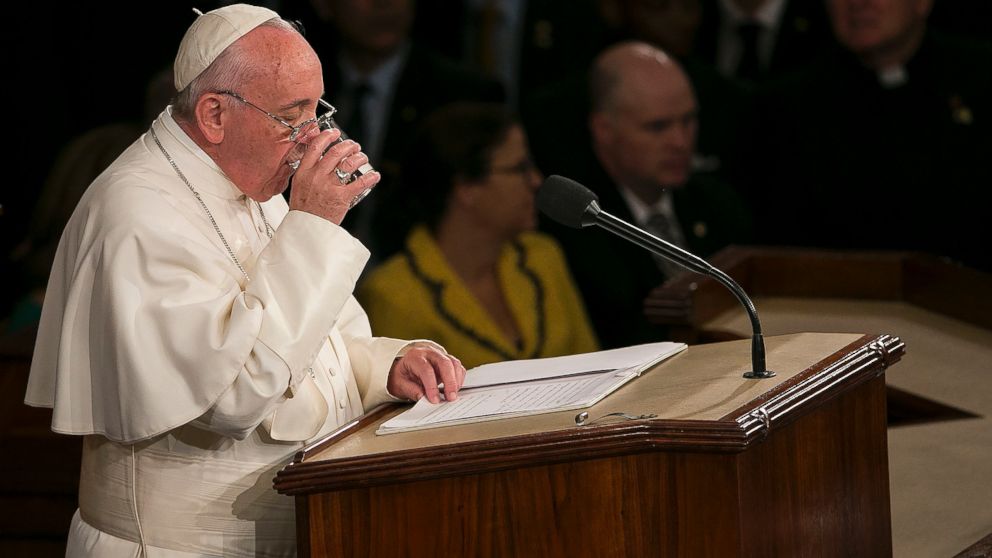 PHOTO:Pope Francis drinks a glass of water while addresses a Joint Meeting of Congress in the Capitol in Washington, Sept. 24, 2015. 