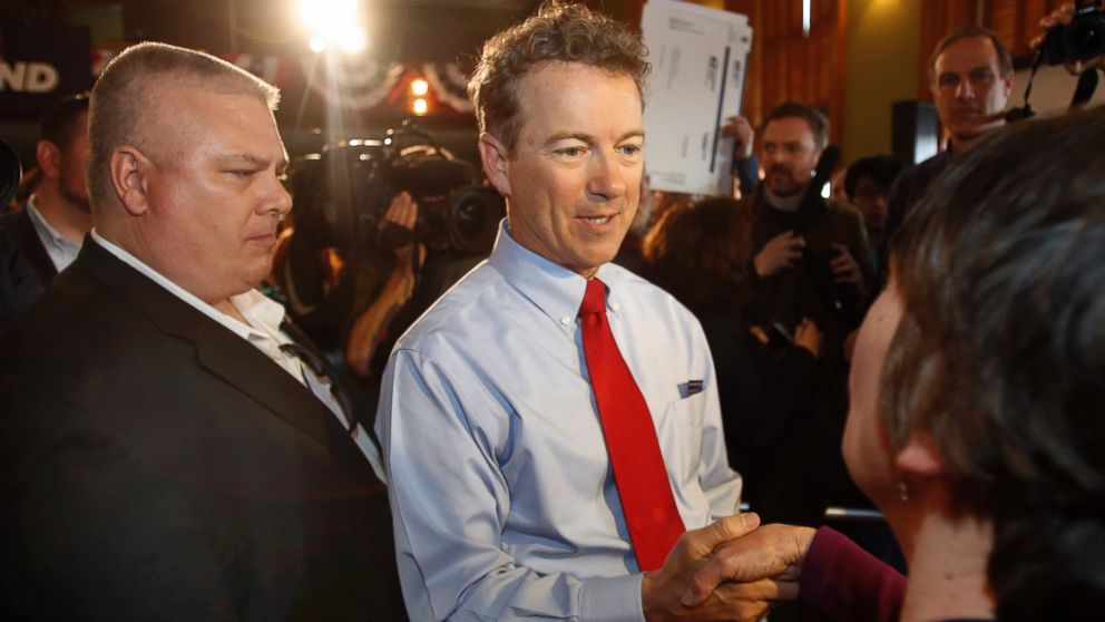 Republican Presidential candidate, Sen. Rand Paul, R-Ky., greets supporters, April 8, 2015, in Milford, N.H.