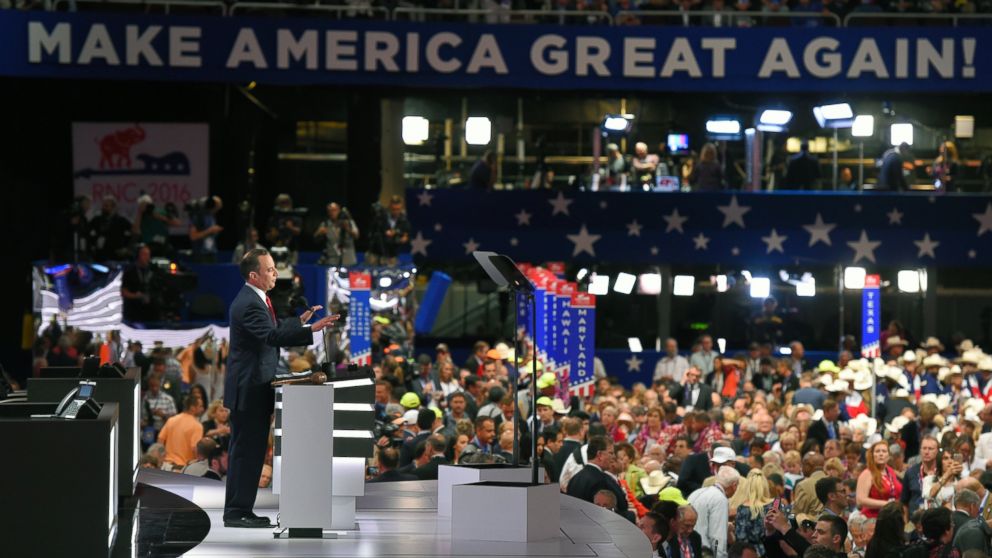 PHOTO: Reince Priebus, Chair of the Republican National Committee, speaks during the opening of the Republican National Convention in Cleveland, Ohio, July 18, 2016. 