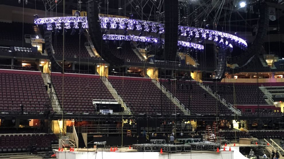 Work continues on the main stage for the Republican National Convention in Cleveland, June 28, 2016. 