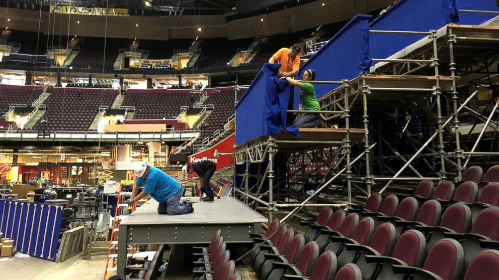 PHOTO: Workers prepare a camera platform inside Quicken Loans Arena in preparation for the Republican National Convention,  June 28, 2016, in Cleveland.