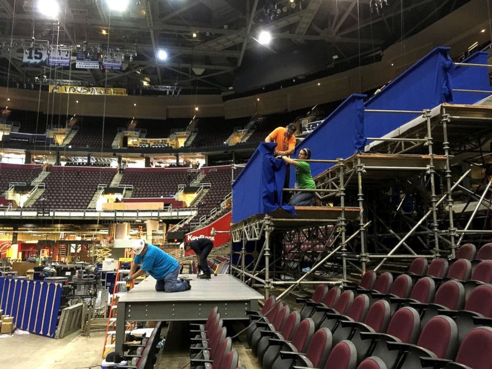 PHOTO: Workers prepare a camera platform inside Quicken Loans Arena in preparation for the Republican National Convention,  June 28, 2016, in Cleveland.