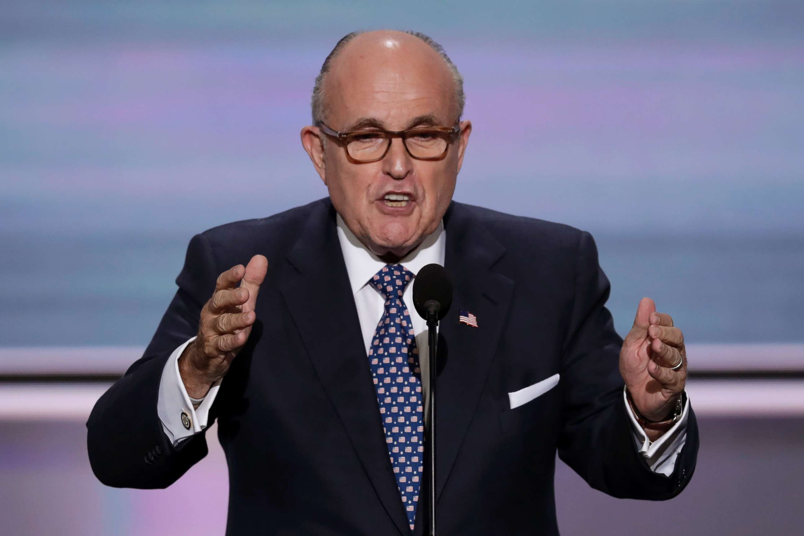 PHOTO: Former New York Mayor Rudy Giuliani speaks during the opening day of the Republican National Convention in Cleveland, July 18, 2016.