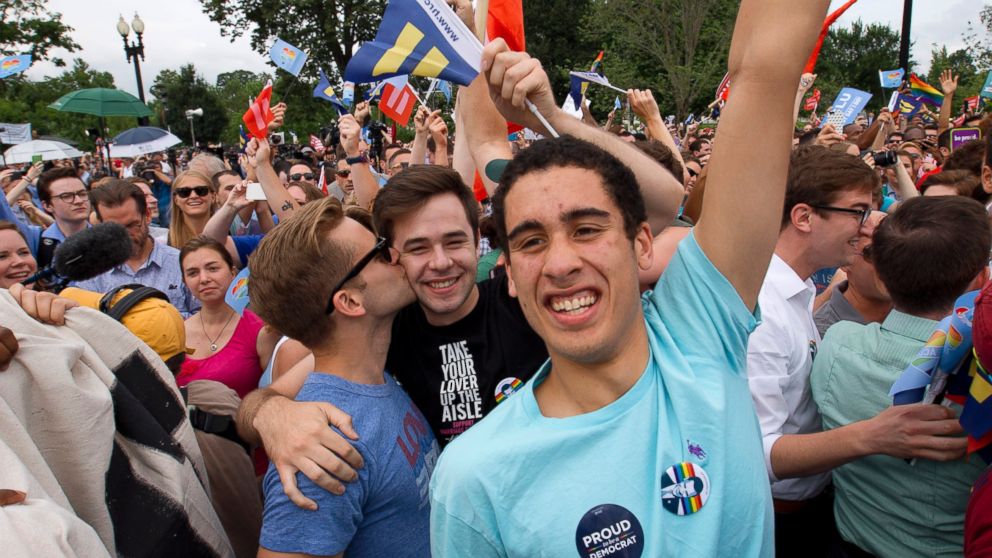 Supporters of same-sex marriage celebrate outside of the Supreme Court in Washington, June 26, 2015.