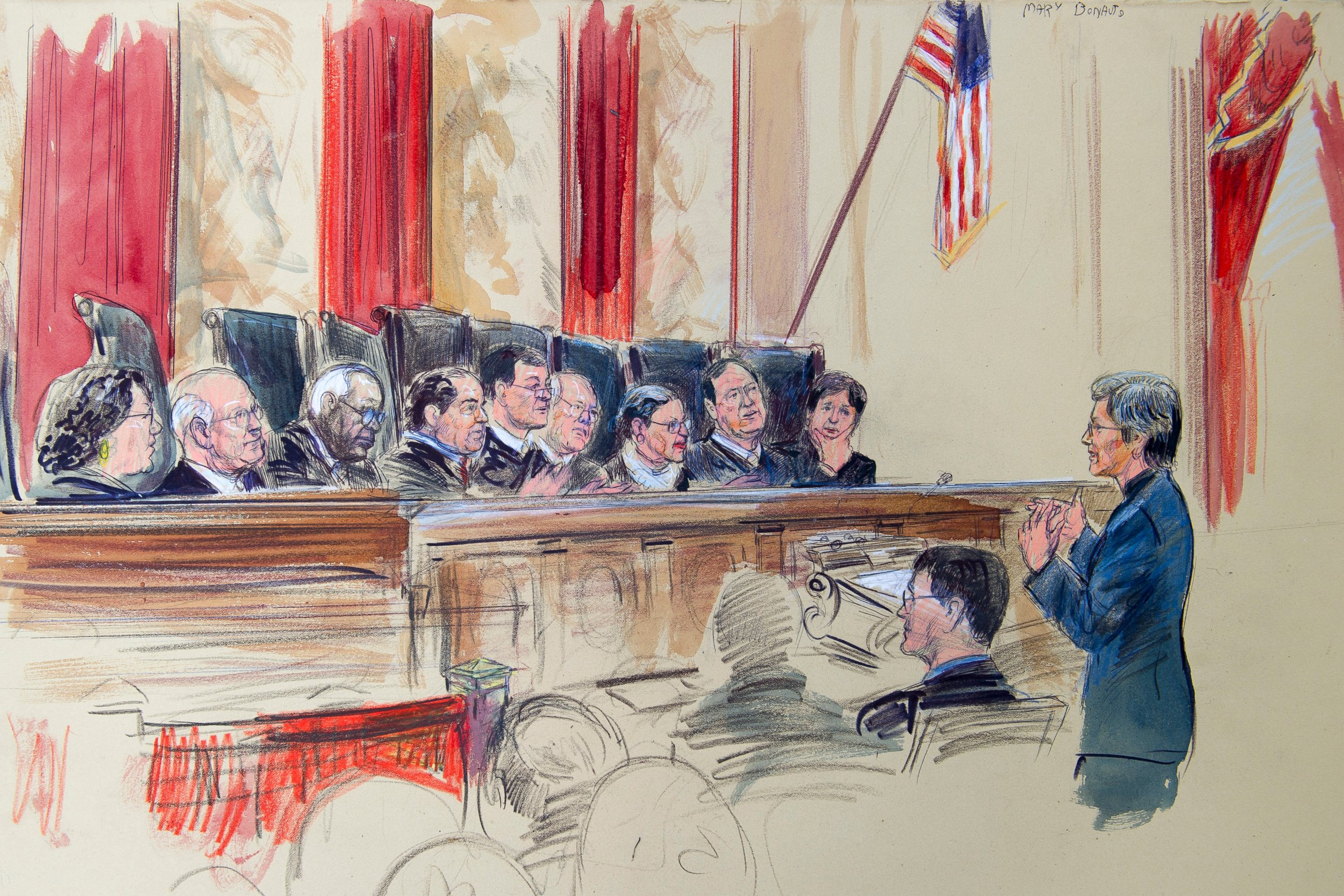 PHOTO: This artist rendering shows civil rights lawyer Mary Bonauto right. arguing before the Supreme Court during its hearing on same-sex marriage, April 28, 2015, in Washington. 