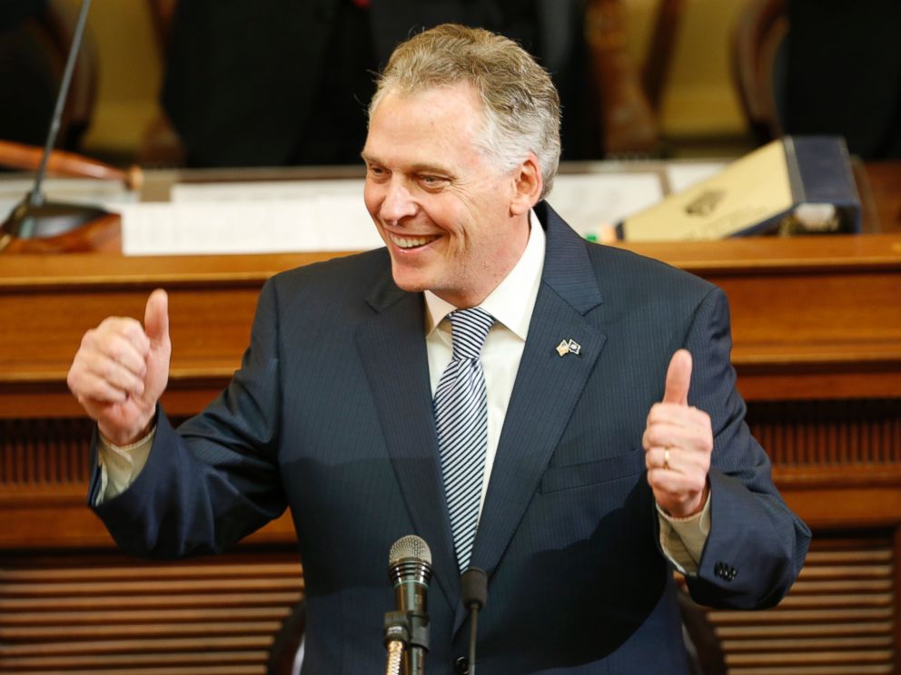 PHOTO: Virginia Gov. Terry McAuliffe gestures as he delivers his State of the Commonwealth Address before a joint session of the 2016 Virginia Assembly at the Capitol in Richmond, Va., Jan. 13, 2016.