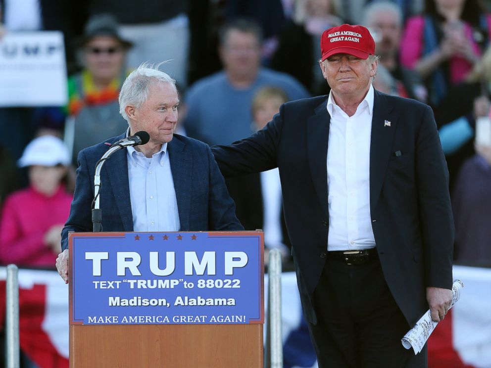 PHOTO: Donald Trump, right, stands next to Sen. Jeff Sessions, as Sessions speaks during a rally, Feb. 28, 2016, in Madison, Ala.