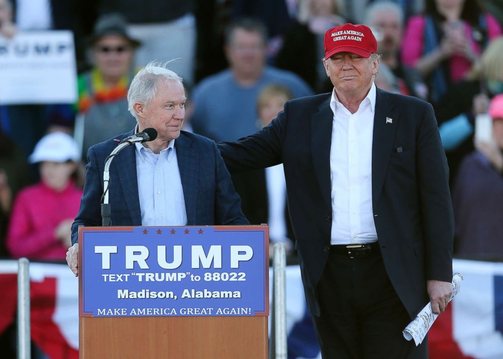 PHOTO:Donald Trump, right, stands next to Sen. Jeff Sessions, as Sessions speaks during a rally on Feb. 28, 2016, in Madison, Ala.