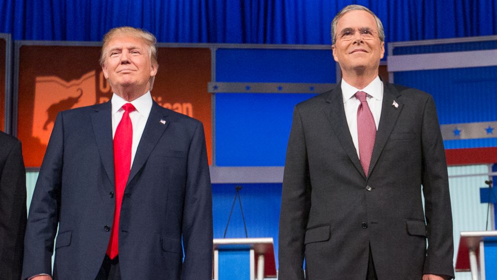 Republican presidential candidates Donald Trump and former Florida Gov. Jeb Bush, at the first Republican presidential debate, Aug. 6, 2015,  in Cleveland.  