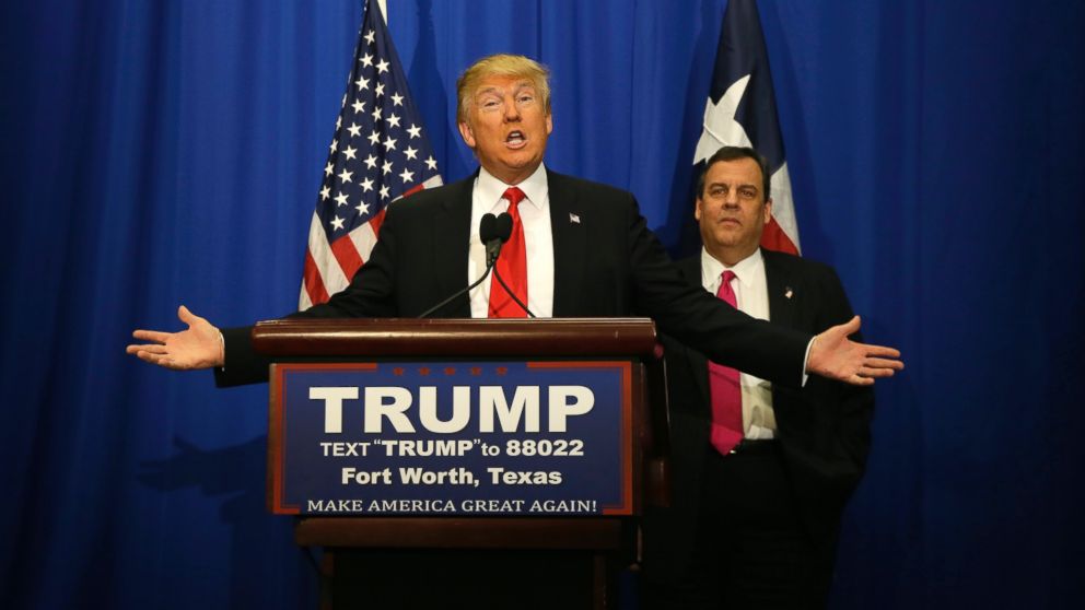 Republican presidential candidate Donald Trump, accompanied by New Jersey Gov. Chris Christie, speaks before a rally in Fort Worth, Texas, Feb. 26, 2016.