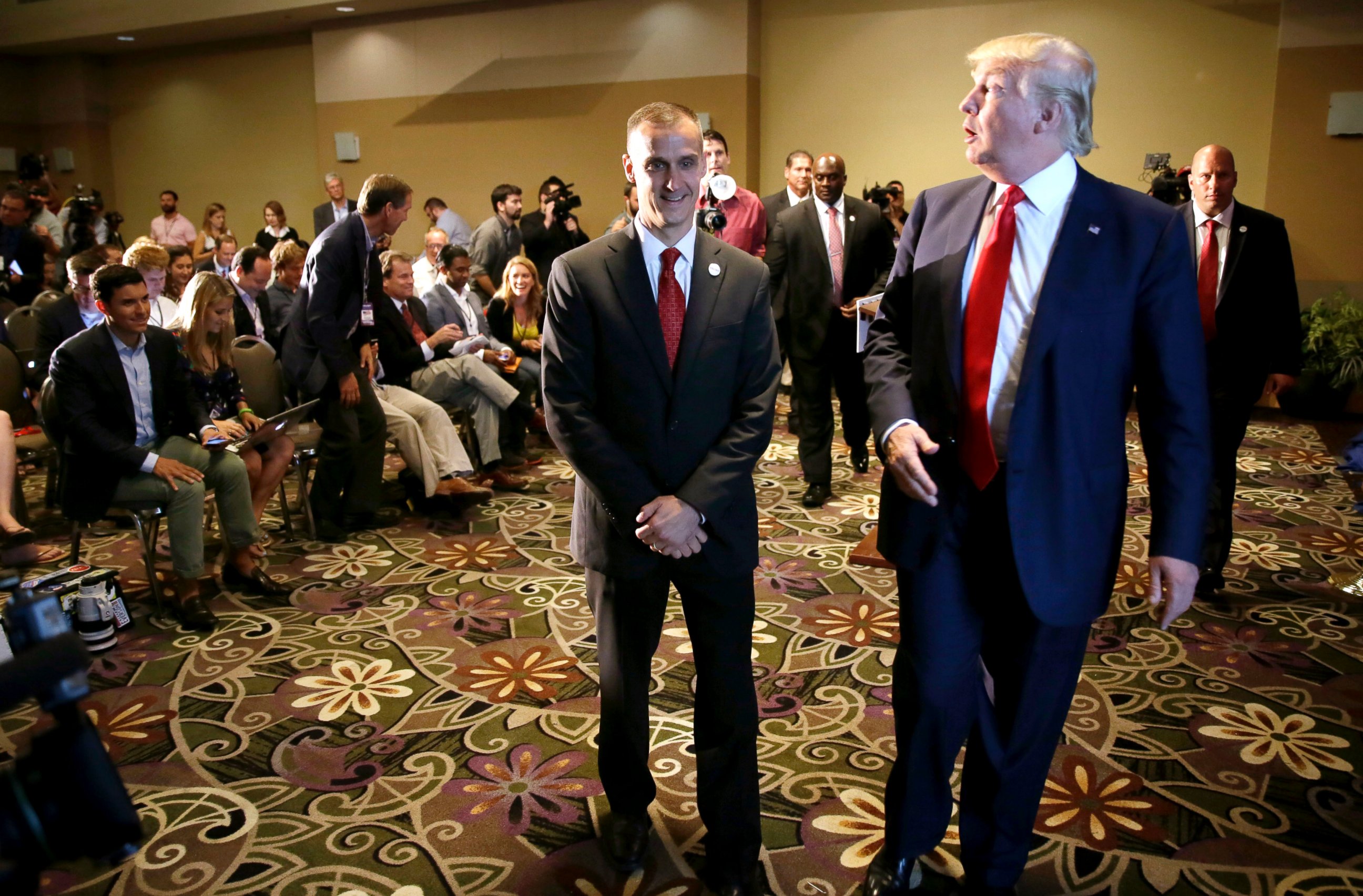 PHOTO: Republican presidential candidate Donald Trump, right, walks with his campaign manager Corey Lewandowski after speaking at a news conference in Dubuque, Iowa, Aug. 25, 2015.
