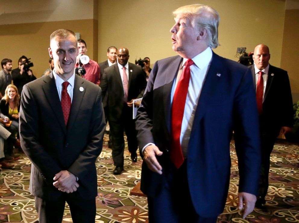 PHOTO: Republican presidential candidate Donald Trump, right, walks with his campaign manager Corey Lewandowski after speaking at a news conference in Dubuque, Iowa, Aug. 25, 2015.