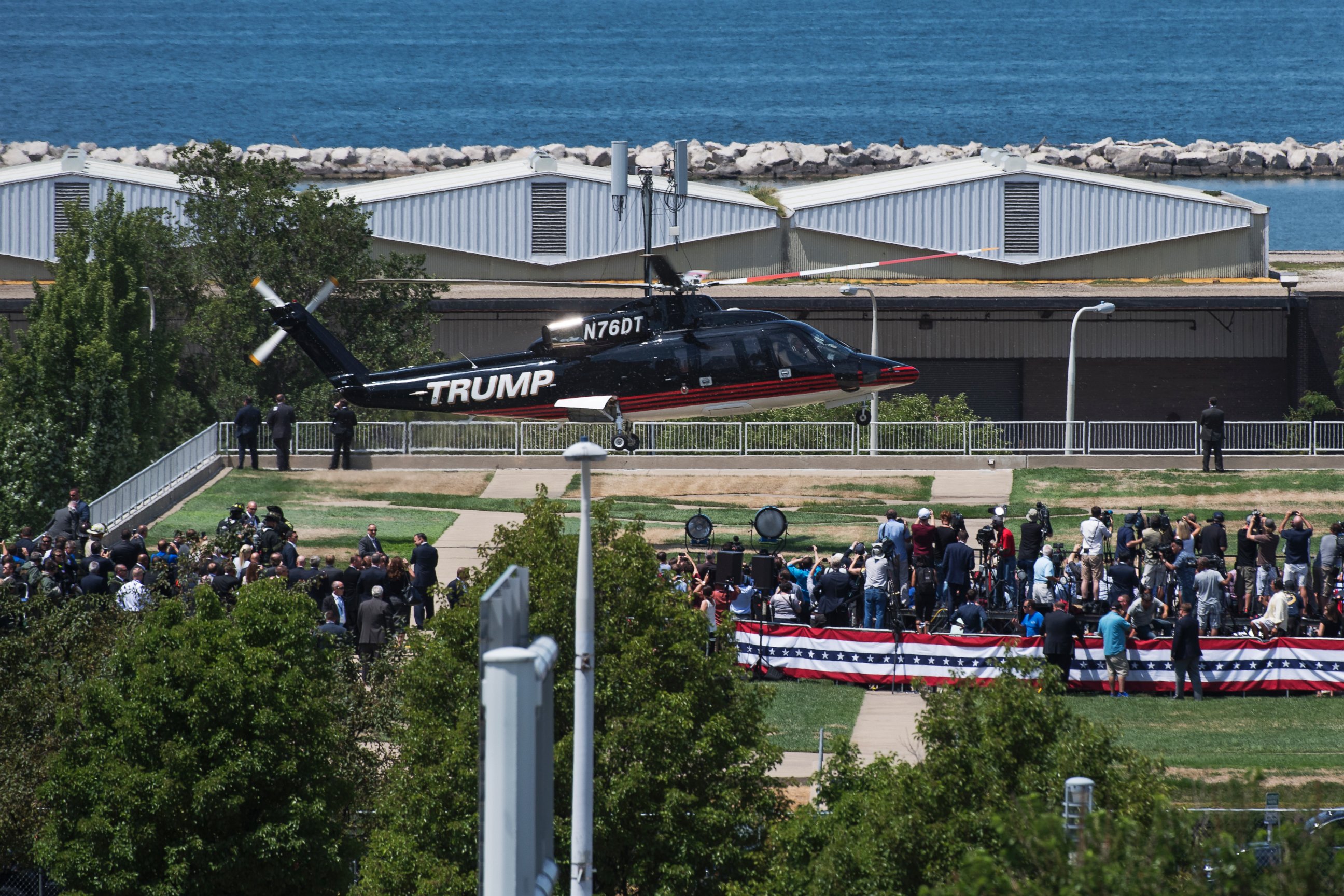 PHOTO: Donald Trump's helicopter lands between the FirstEnergy Stadium and the Great Lakes Science Center for a rally with Vice Presidential nominee Mike Pence during the Republican National Convention in Cleveland, Ohio,  July 20, 2016.