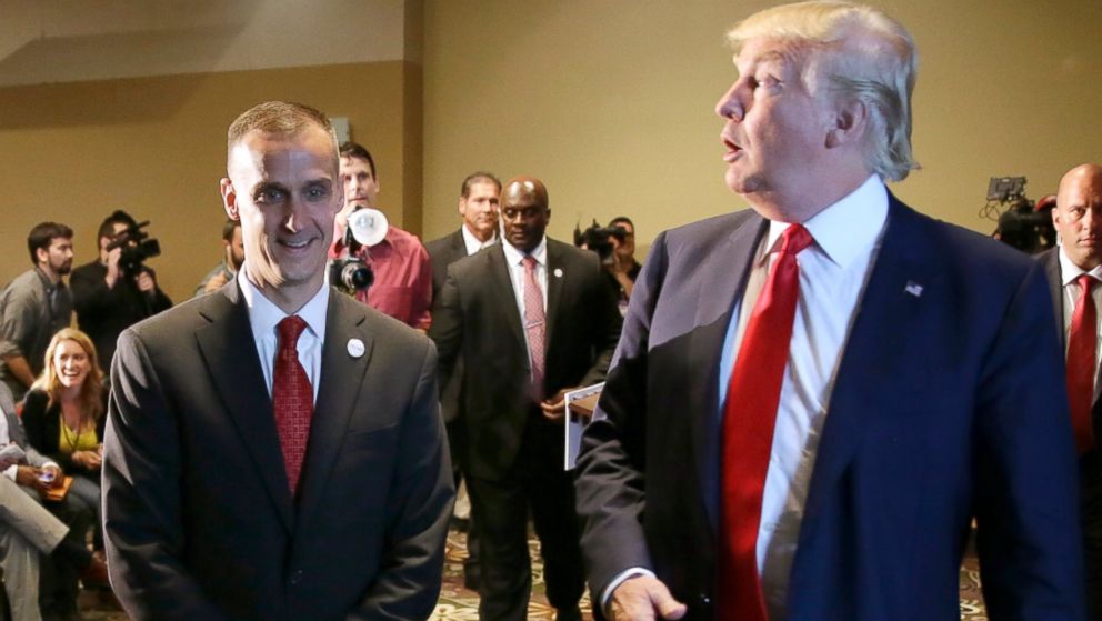 PHOTO: Donald Trump walks with his campaign manager Corey Lewandowski, left, after speaking at a news conference, Aug. 25, 2015, in Dubuque, Iowa.