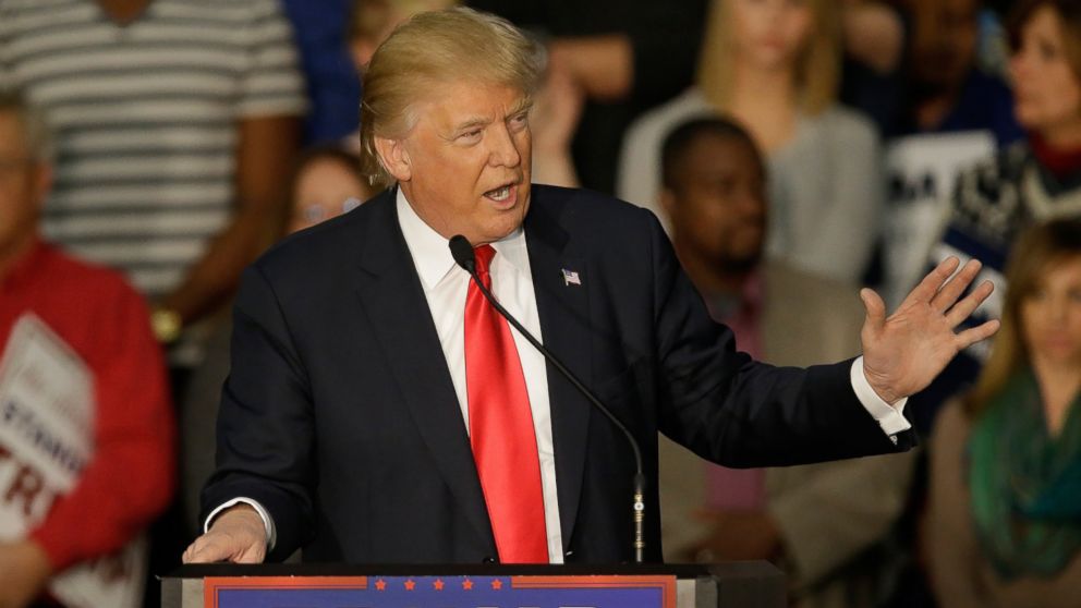 Republican presidential candidate Donald Trump speaks to a crowd of supporters during a campaign rally, Nov. 9, 2015, in Springfield, Ill.