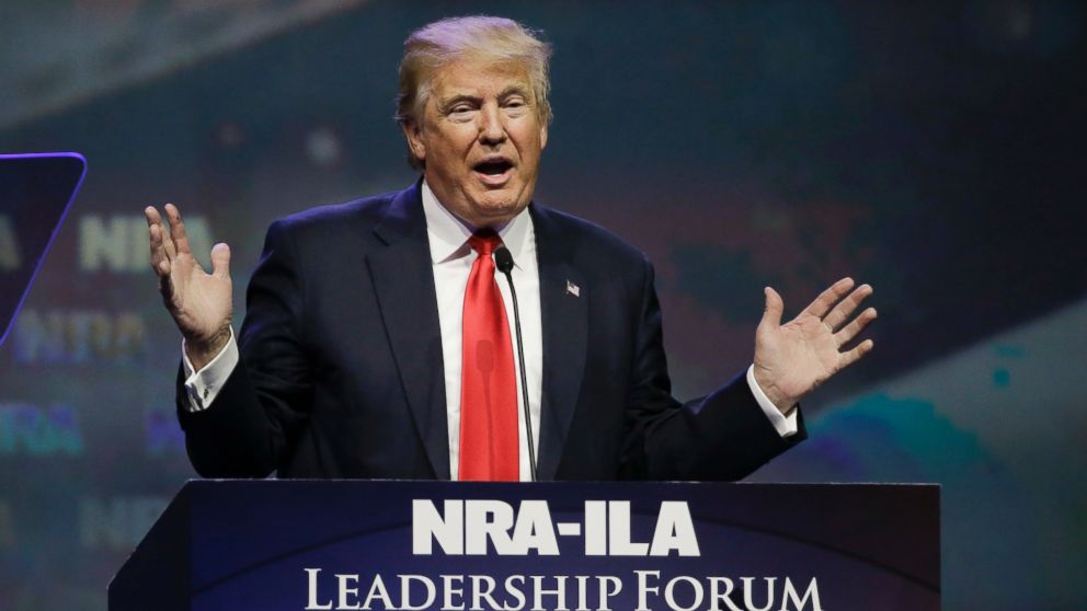 PHOTO: Donald Trump speaks at the National Rifle Association convention, May 20, 2016, in Louisville, Ky. 