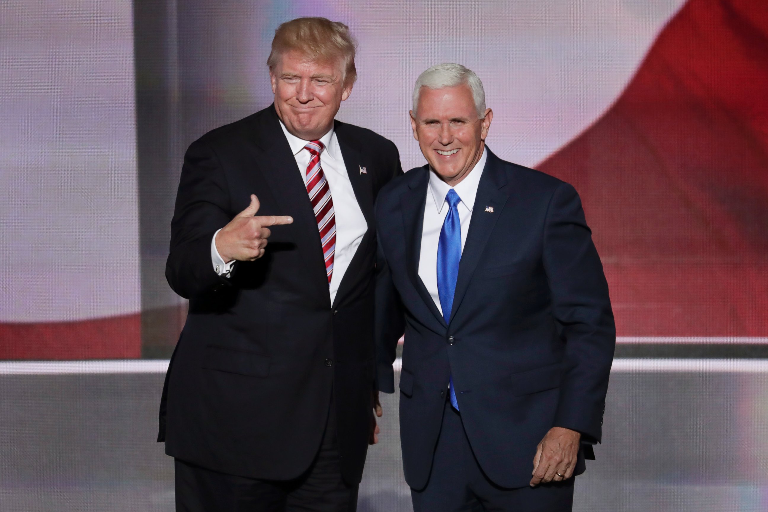 PHOTO:Republican presumptive presidential nominee Donald Trump, points toward Republican Vice Presidential Nominee Gov. Mike Pence after Pence's acceptance speech during the third day of the Republican National Convention in Cleveland, July 20, 2016. 