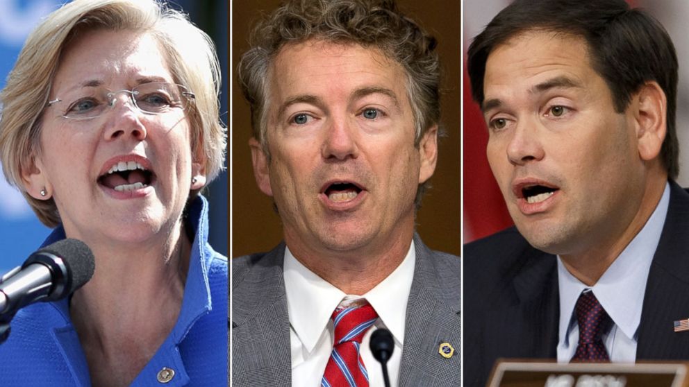 PHOTO: From left, Sen. Elizabeth Warren, Sen. Rand Paul and Sen. Marco Rubio
