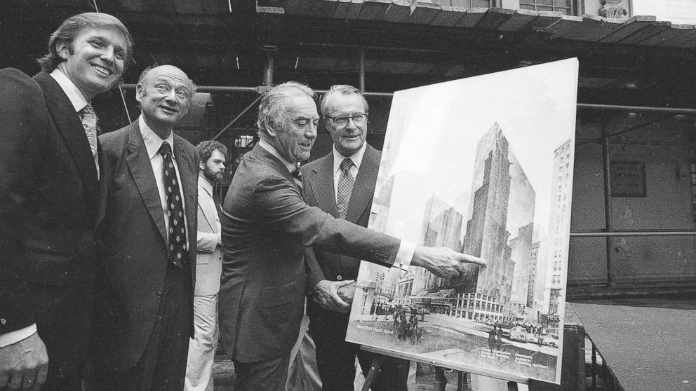 PHOTO: Governor Hugh Carey points to an artists' conception of the new New York Hyatt Hotel/Convention facility that will be build on the site of the former Commordore Hotel, June 28, 1978.  