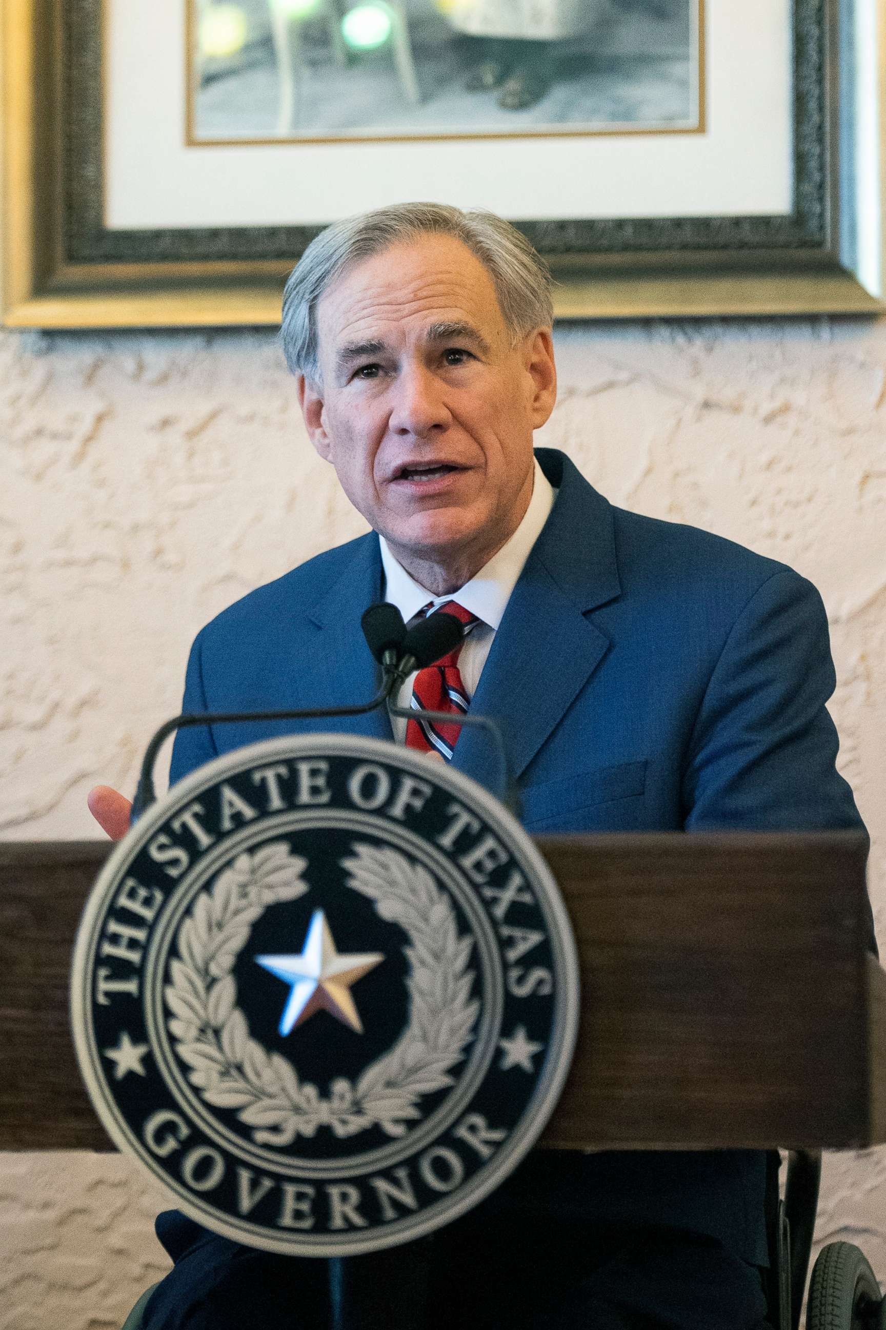 PHOTO: Texas Governor Greg Abbott delivers an announcement in Montelongo's Mexican Restaurant, March 2, 2021, in Lubbock, Texas.