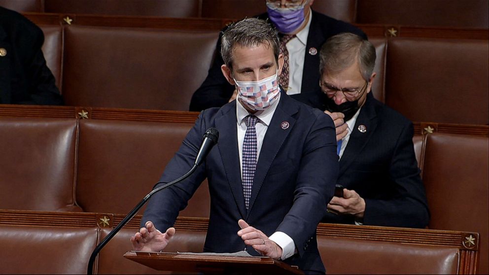 PHOTO: In this image from video, Rep. Adam Kinzinger, R-Ill., speaks as the House debates the objection to confirm the Electoral College vote from Pennsylvania, at the U.S. Capitol early Thursday, Jan. 7, 2021.
