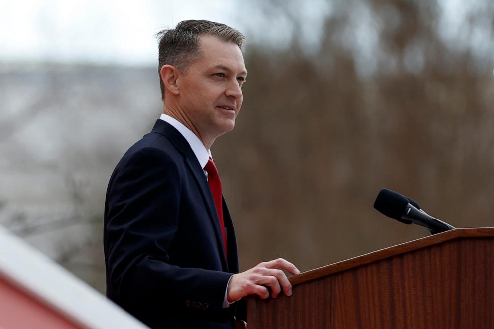 PHOTO: Alabama Secretary of State Wes Allen speaks during the inauguration ceremony on the steps of the Alabama state Capital in Montgomery, Ala., Jan. 16, 2023. 