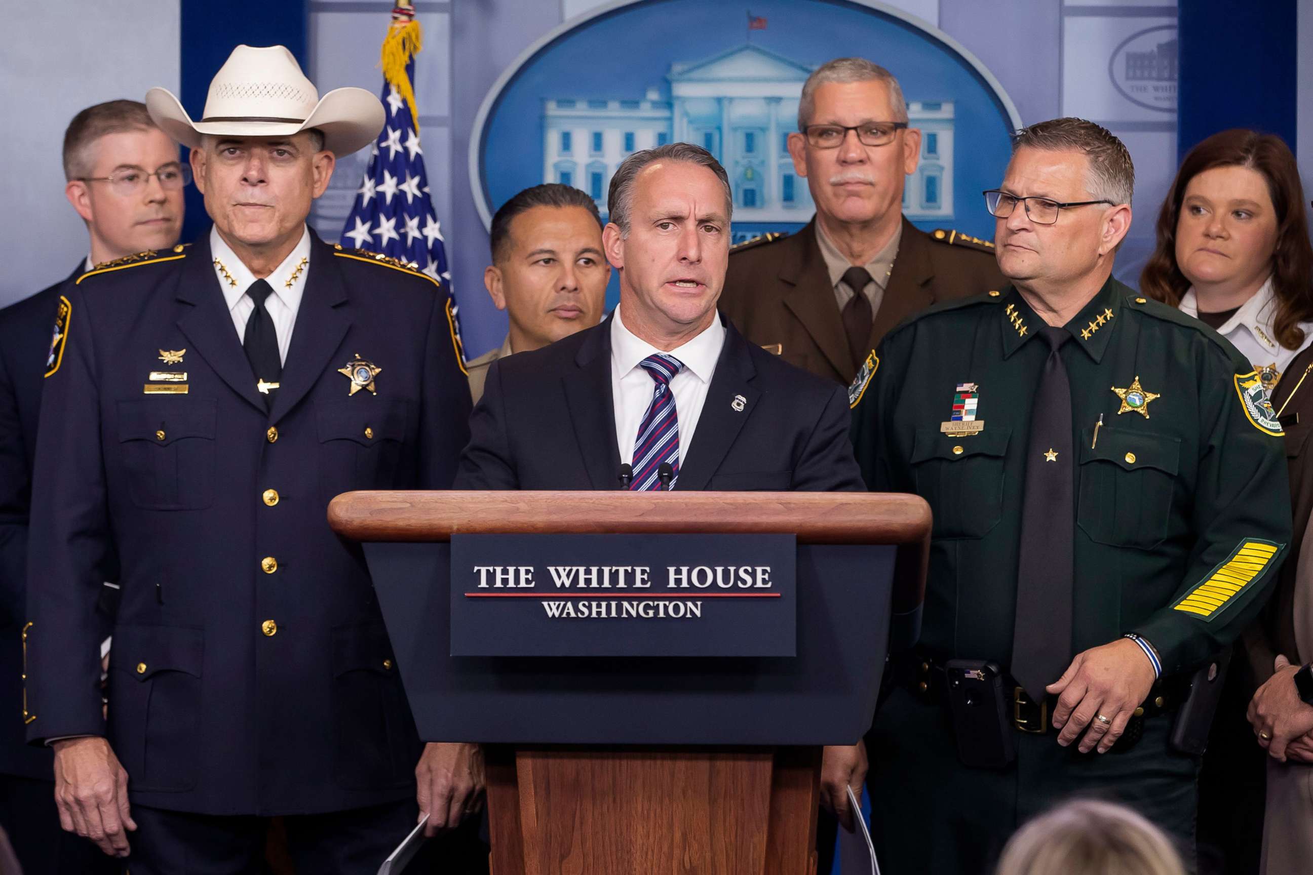 PHOTO: Matthew Albence, acting director of the US Immigration and Customs Enforcement participates in a media conference in the James S. Brady Press Briefing Room at the White House, Sept. 26, 2019.