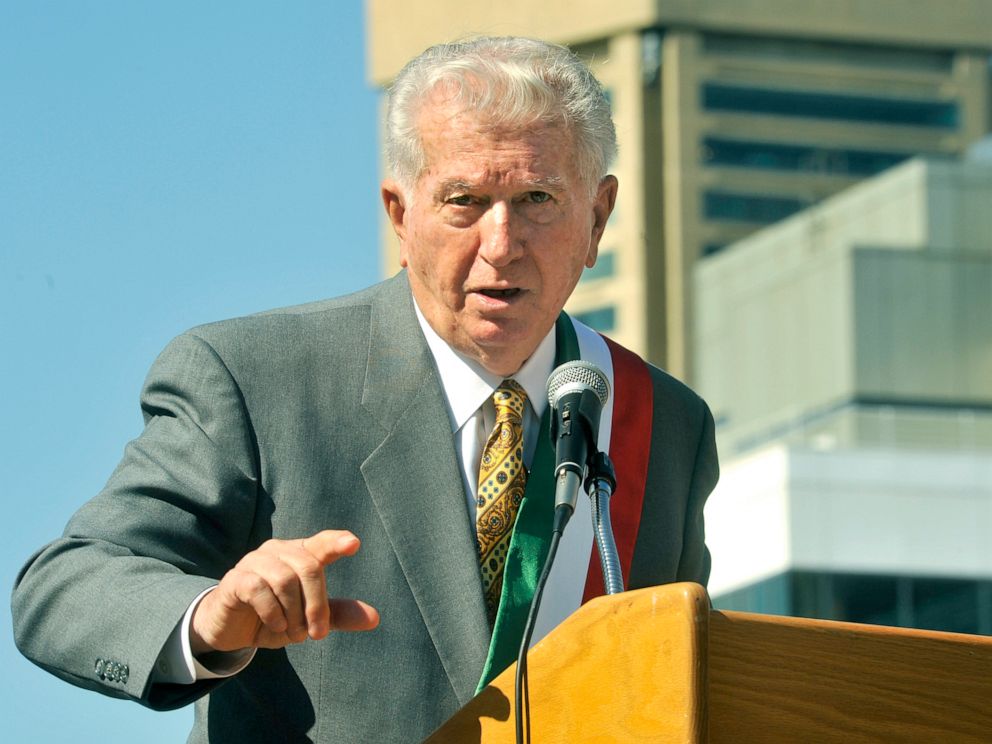 PHOTO:Former Baltimore Mayor Tommy D'Alesandro III speaks at the 2010 Columbus Commemoration to keep the new tradition of a smaller parade through Little Italy going for future generations in Baltimore, Md.