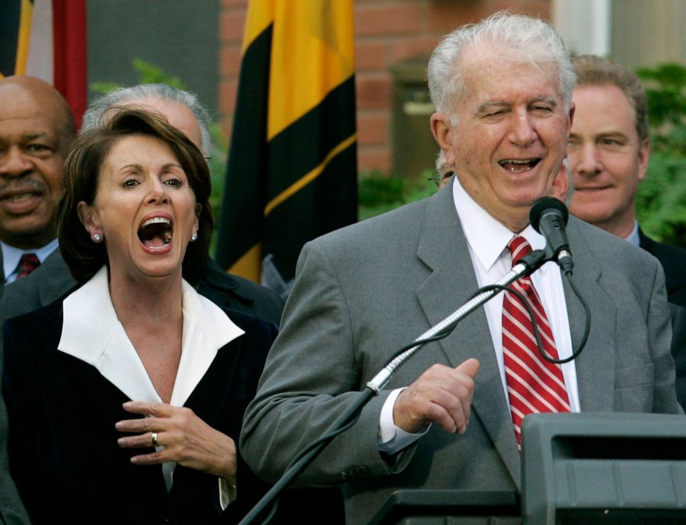 PHOTO: Speaker of the House Nancy Pelosi, D-Calif., left, laughs as her brother Thomas D' Alesandro III, right, makes a joke as he introduces her husband Paul, during a street renaming ceremony in her behalf, in Baltimore, Jan. 5, 2007.