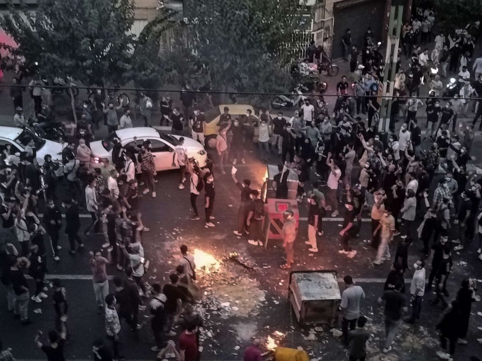 PHOTO: Iranians protest a 22-year-old woman Mahsa Amini's death after she was detained by the morality police, in Tehran, Sept. 20, 2022, in this photo taken by an individual not employed by the Associated Press and obtained by the AP outside Iran.