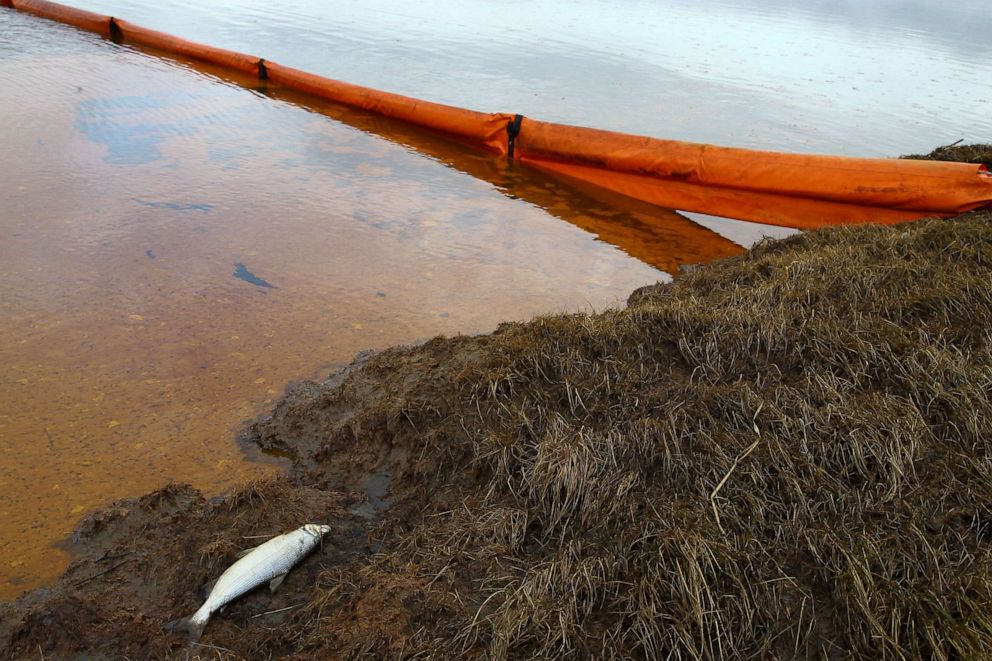 PHOTO: A floating dam is installed to limit the spread of oil pollution following a massive fuel spill in the Ambarnaya River outside Norilsk, June 10, 2020. 
