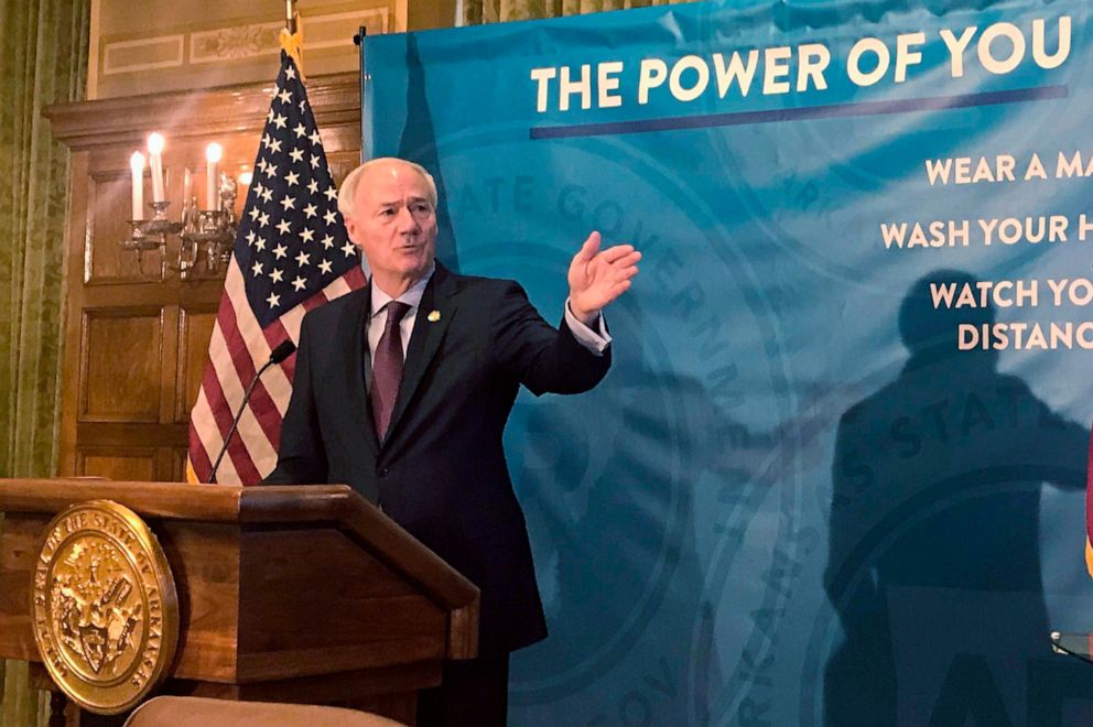 Arkansas Gov. Asa Hutchinson speaks about the coronavirus pandemic and vaccine distributions during a  news conference at the state Capitol in Little Rock, Arkansas, on Jan. 12, 2021. 