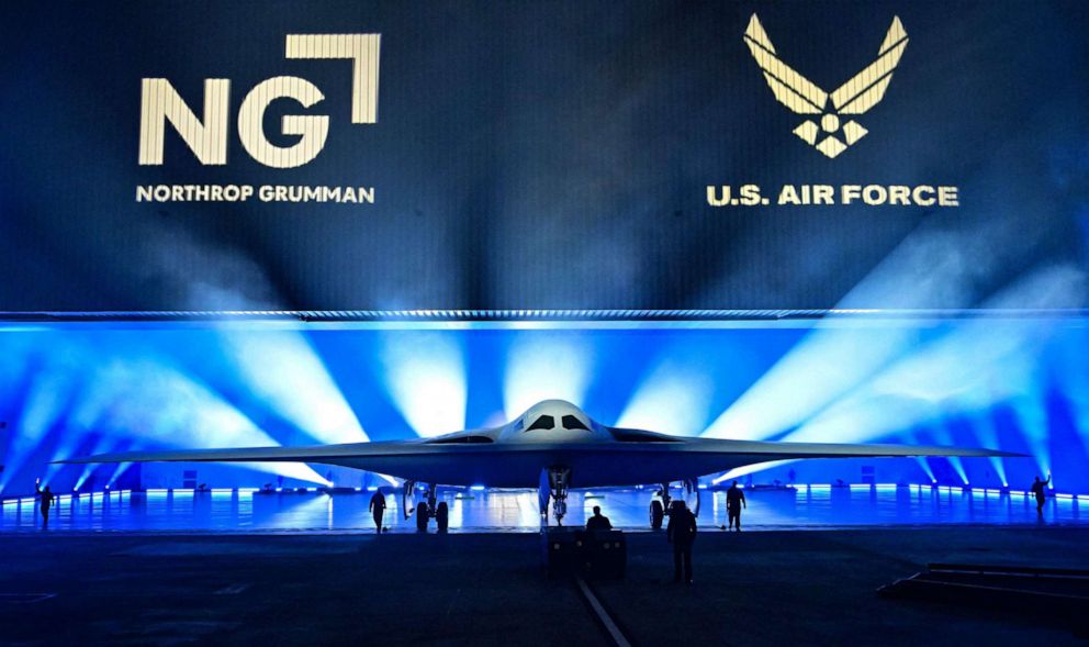 The B-21 Raider is unveiled during a ceremony at Northrop Grumman's Air Force Plant 42 in Palmdale, California, December 2, 2022. 